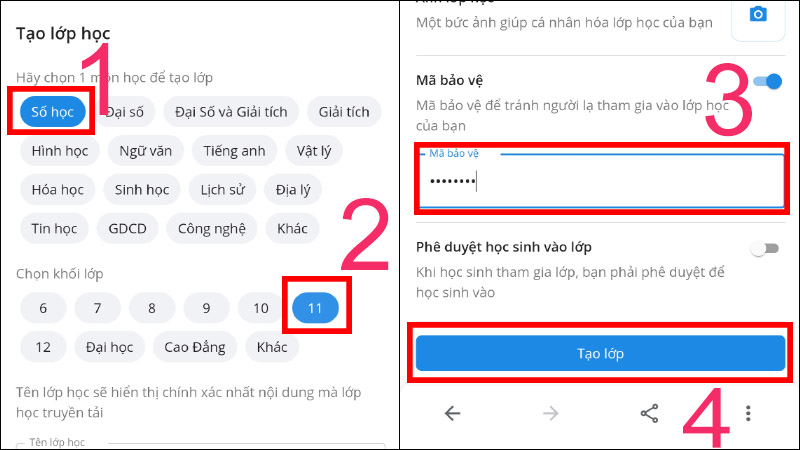 Chọn môn học > Chọn khối học > Điền mã bảo vệ > Nhấn Tạo.